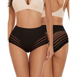 Women's Black 2 Pack Stripe Lace Seamless Tummy Control Underwear Control Pantie